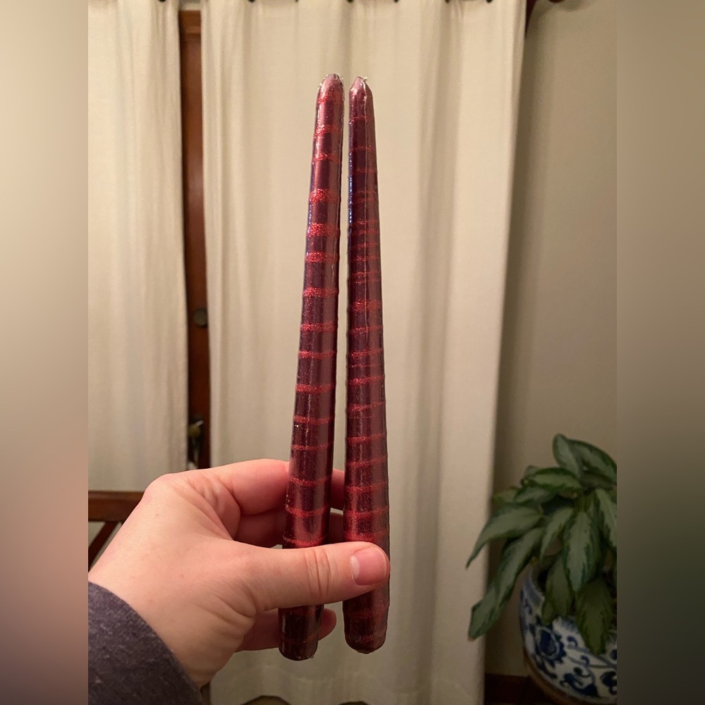 Set of Two Vintage 10” Deep Red Candle Sticks with Red Glitter Striped Swirls